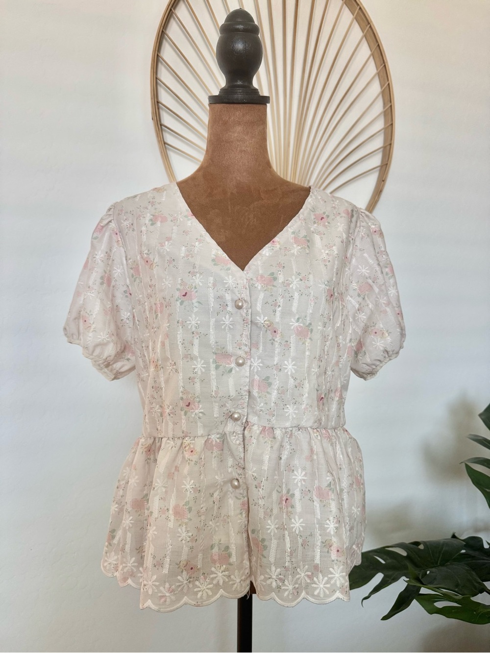 Light Pink Floral Eyelet Peplum Button-Up Top